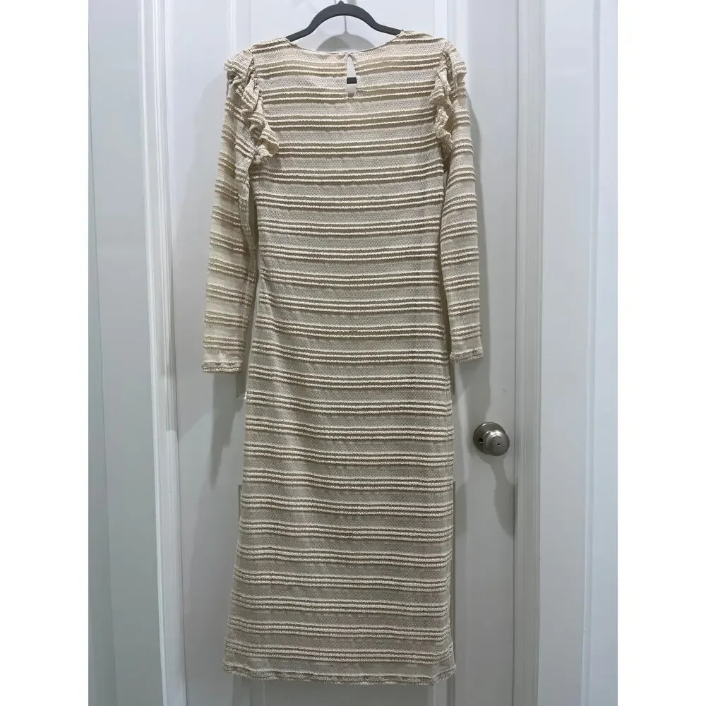 NWT dRA Los Angeles Open Knit Beige Crochet Ruffle Long Sleeve Midi Dress Sz S